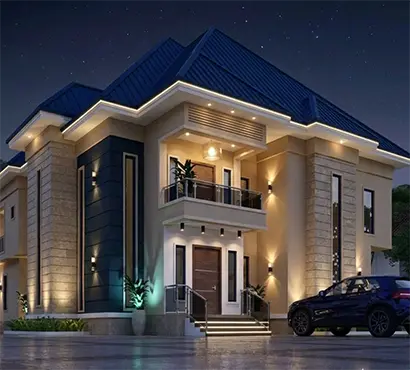 African contemporary villa design with traditional hip roof and stone cladding illuminated at night, project in Rwanda