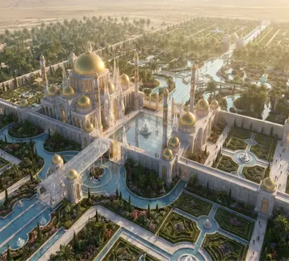 Aerial view of the Islamic palatial courtyard complex in Qatar showing golden domes, gardens and water canals