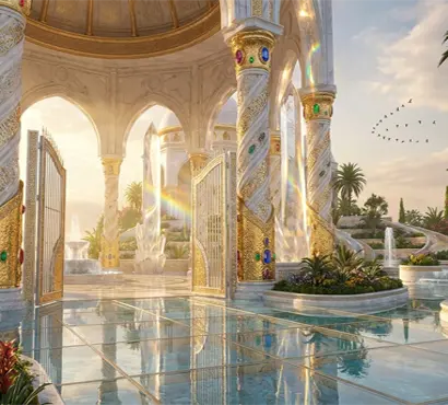 Colonnaded courtyard within the Islamic palatial complex in Qatar with arched gateway, fountains and reflecting pool