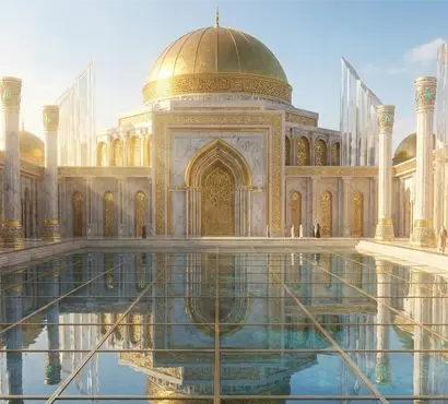 Main facade of the Islamic palatial courtyard building in Qatar with golden dome and arched entrance reflected in a pool