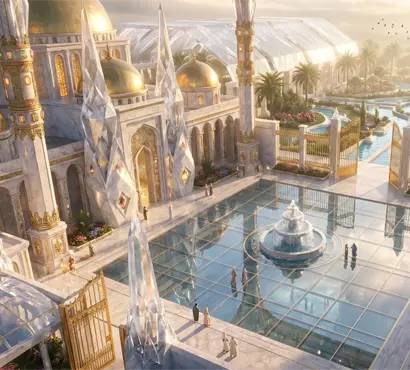 Courtyard with crystal spire features, golden domes and fountain within the Islamic palatial complex in Qatar