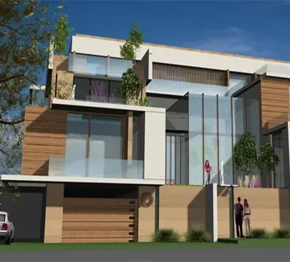 Modern multi-level residence design with glazing and timber cladding, project in Oman