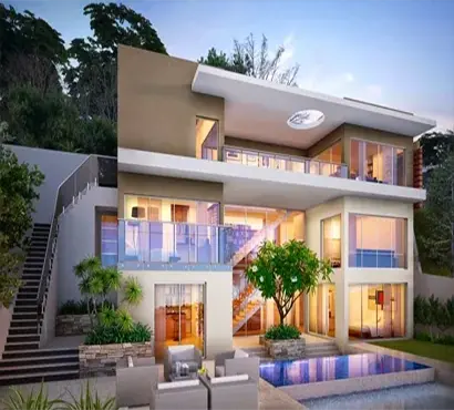 Modern hillside villa design with glass volumes and pool terrace, project in Oman